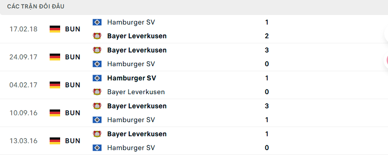 Lịch sử đối đầu Hamburger SV vs Bayer Leverkusen